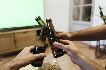 Hands of male friends toasting beer bottles at home - XLGF00480