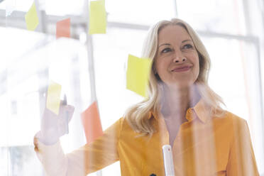 Businesswoman looking away while planning over adhesive notes stuck on window in home office - MOEF03195