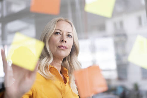 Close-up of female professional planning over adhesive notes stuck on window in home office - MOEF03199