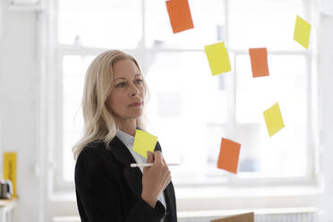 Businesswoman holding adhesive note contemplating in home office seen through window - MOEF03231