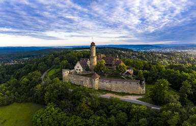 Germany, Bavaria, Bamberg, Helicopter view of Altenburg castle at summer dusk - AMF08444