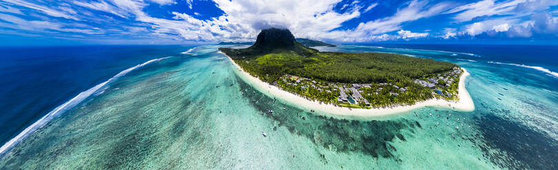 Mauritius, Helicopter panorama of Indian Ocean and Le Morne Brabant peninsula in summer - AMF08455