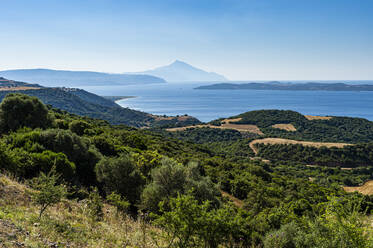 Greece, Overlook of bay of Mount Athos peninsula in summer - RUNF04191