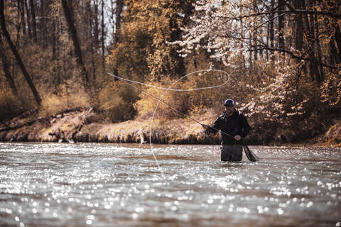 Fliegenfischer wirft Angelschnur aus, während er im Fluss im Wald steht, lizenzfreies Stockfoto