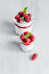 From above of glass filled with delicious pudding made with yogurt raspberries jam and chia seeds - ADSF15314