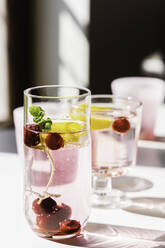 Fresh detox water with cherry and mint placed on table lit by sun in modern apartment - ADSF15318