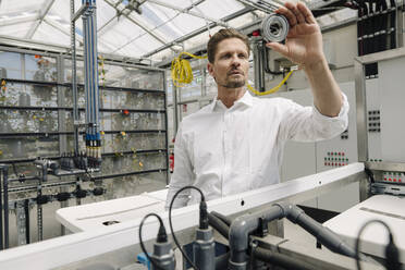 Businessman examining equipment while standing in greenhouse - JOSEF01724