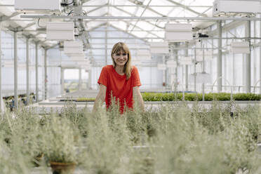 Smiling female entrepreneur standing by plants in greenhouse - JOSEF01765