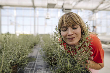 Close-up of female entrepreneur with eyes closed smelling plants in greenhouse - JOSEF01766