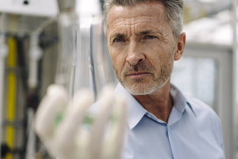 Close-up of businessman holding conical flask in greenhouse stock photo