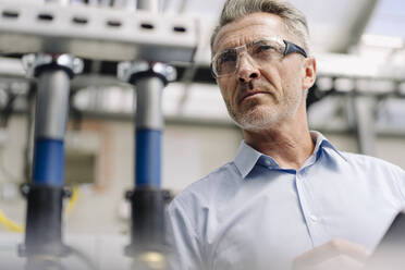 Close-up of male professional wearing protective eyewear looking away in greenhouse - JOSEF01855