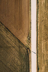 Luftaufnahme einer geraden Straße, die durch ein landwirtschaftliches Feld in einer ländlichen Gegend im Sommer führt, während ein Mann die Straße entlanggeht - ADSF15594