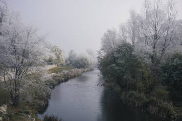 Erstaunlicher Blick auf einen ruhigen Garten mit Fluss und Bäumen, die im Winter mit Frost bedeckt sind, in Burgos - ADSF15600