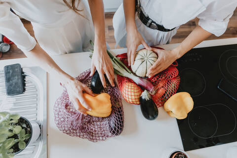 Nahaufnahme von zwei Frauen, die in einer Küche stehen und Gemüse aus dem Einkaufsnetz nehmen., lizenzfreies Stockfoto