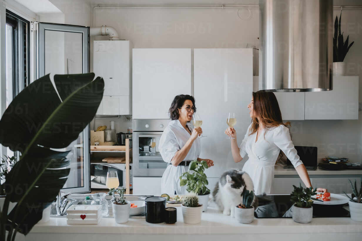 Zwei Lächelnde Frauen Mit Braunem Haar Stehen In Einer Küche Und Trinken Weißwein Lizenzfreies