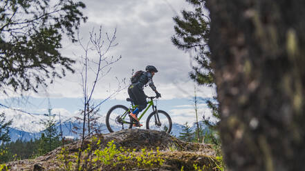 Frau beim Mountainbiking in einem Wald in den kanadischen Bergen - CUF56551