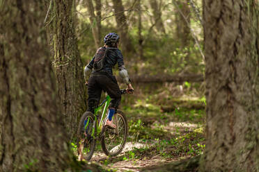 Frau beim Mountainbiking in einem Wald in den kanadischen Bergen - CUF56555