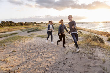 Lächelnde Mutter und Kinder spielen am Strand während des Wochenendes - MASF19672