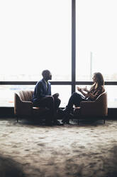 Female and male coworkers discussing while sitting against window at workplace - MASF19728