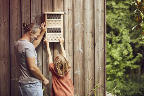 Father and daughter hanging insect hotel on wall - MCF01359