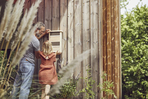 Father with daughter hanging insect hotel on wooden wall - MCF01363