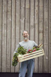 Smiling mature man carrying vegetable crate while standing against wall - MCF01395