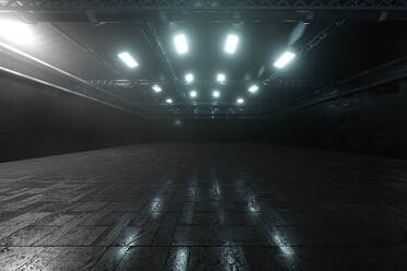 Dreidimensionales Rendering eines dunklen, leeren Lagerhauses - SPCF00964