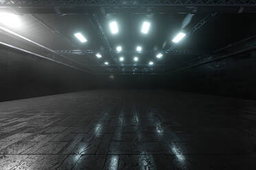 Three dimensional render of dark empty warehouse - SPCF00964