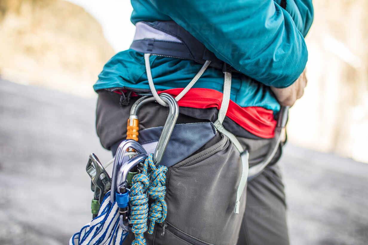 Detail view of climbing harness and climbing tools and rack. stock