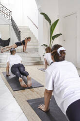 Yogalehrer mit Frauen beim Üben der Plank-Position im Fitnessstudio - VEGF02889