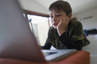 Focused boy e-learning at laptop - CAIF29656