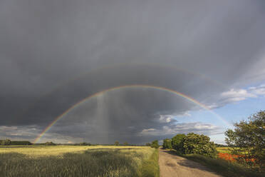 Landschaftliche Ansicht von Regenbogen über landwirtschaftliche Landschaft gegen bewölkten Himmel - ASCF01507