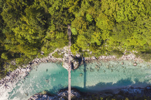 Aerial view of suspension bridge over Soca river at Kobarid, Slovenia - DHEF00405