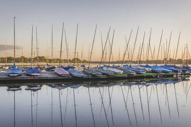 Germany, Hamburg, Row of sailboats moored on Outer Alster Lake at sunset - KEBF01656