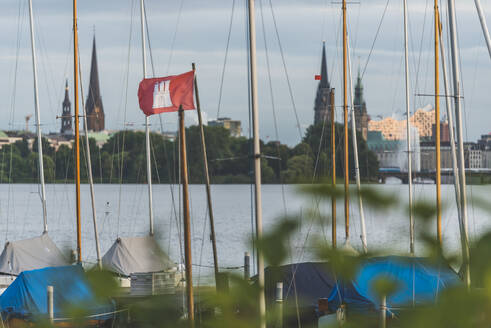 Deutschland, Hamburg, Masten von Segelbooten auf der Außenalster verankert - KEBF01677