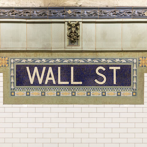 USA, New York, New York City, Wall Street subway sign stock photo