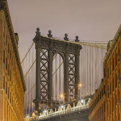 USA, New York, New York City, Manhattan Bridge illuminated at dusk - AHF00093