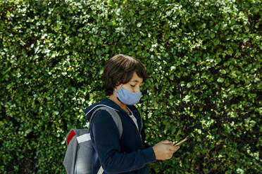 Schoolboy wearing mask using smart phone while standing against plants - VABF03467