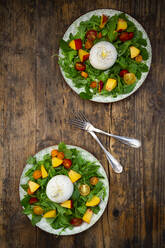 Zwei Teller mit frischem vegetarischem Salat mit Tomaten, Basilikum, Rucola, Nektarinen, Zitronenmelisse und Burrata-Käse - LVF08994