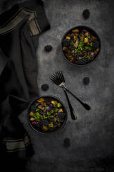 Studioaufnahme von zwei Schüsseln mit vegetarischem Salat mit Auberginen, Beluga-Linsen, spanischen Zwiebeln, Brombeeren, Vinaigrette und Petersilie - LVF08998
