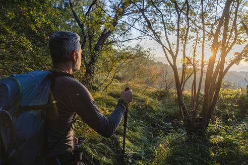 Männlicher Wanderer mit Rucksack im Wald stehend bei Sonnenaufgang, Orobie, Lecco, Italien - MCVF00578