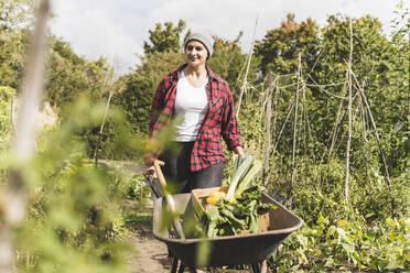 Young woman carrying vegetables in wheelbarrow while walking amidst plants in garden - UUF21434