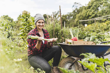 Lächelnde junge Frau hält Lauch in der Hand und kniet neben einer Schubkarre im Gemüsegarten - UUF21443