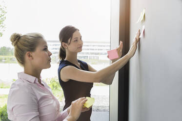 Weibliche Kollegen diskutieren über Haftnotizen an der Wand im Büro - BMOF00420