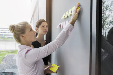 Geschäftsfrau klebt Haftnotizen an die Wand, während sie sich mit einem Kollegen im Büro unterhält - BMOF00424