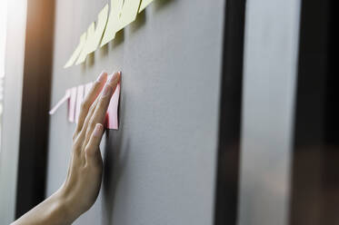 Close-up of female entrepreneur hand sticking adhesive notes on wall in office - BMOF00425