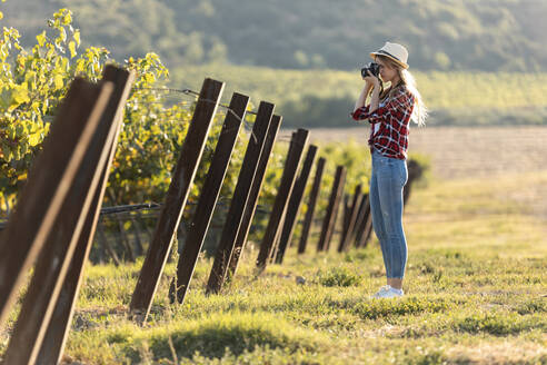 Frau fotografiert mit Kamera in einem Weinberg - JSRF01146