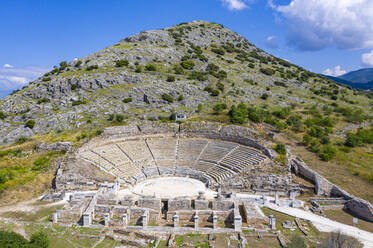 Aerial by drone of the Amphitheatre, Philippi, UNESCO World Heritage Site, Macedonia, Greece, Europe - RHPLF17493