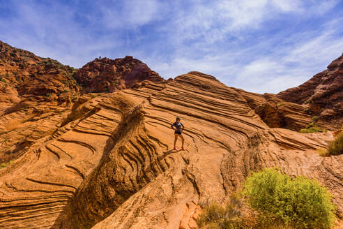 Frau wandert um den Zion National Park, Utah, Vereinigte Staaten von Amerika, Nordamerika - RHPLF17503