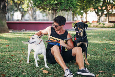 Mann mit Sonnenbrille und Hunden auf einer Wiese im Park sitzend - DCRF00866
